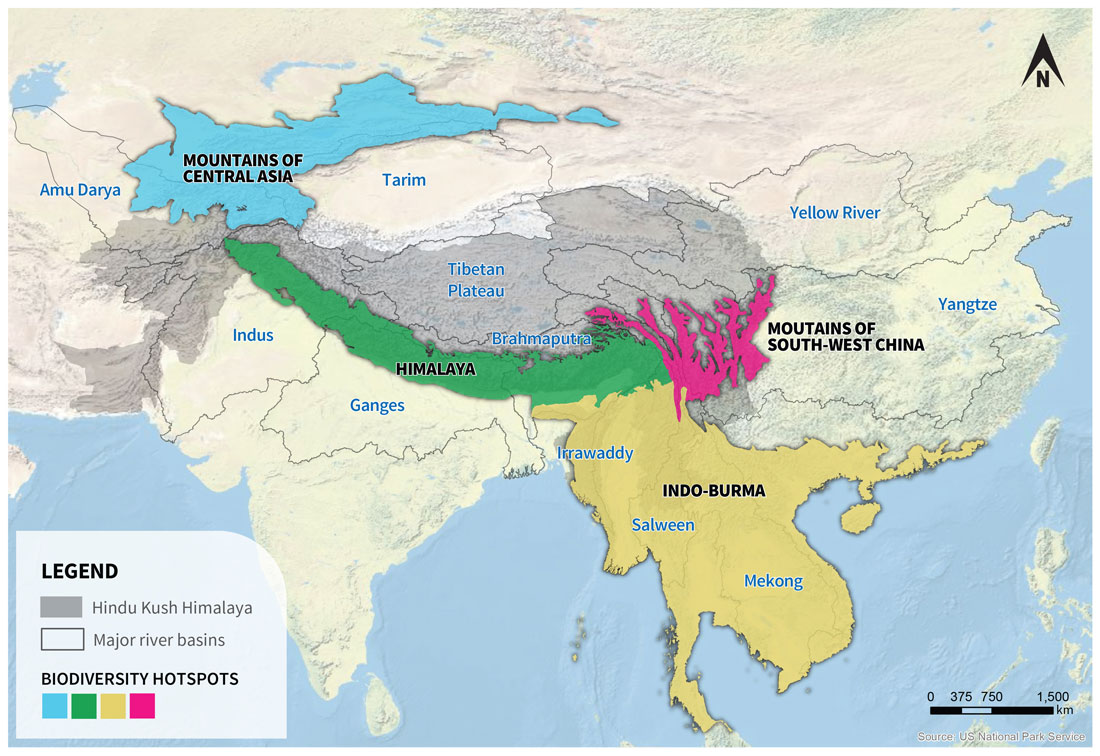 A map showing the four global biodiversity hotspots of the Hindu Kush Himalaya: Mountains of Central Asia, Himalaya, Indo-Burma and Mountains of South-west China